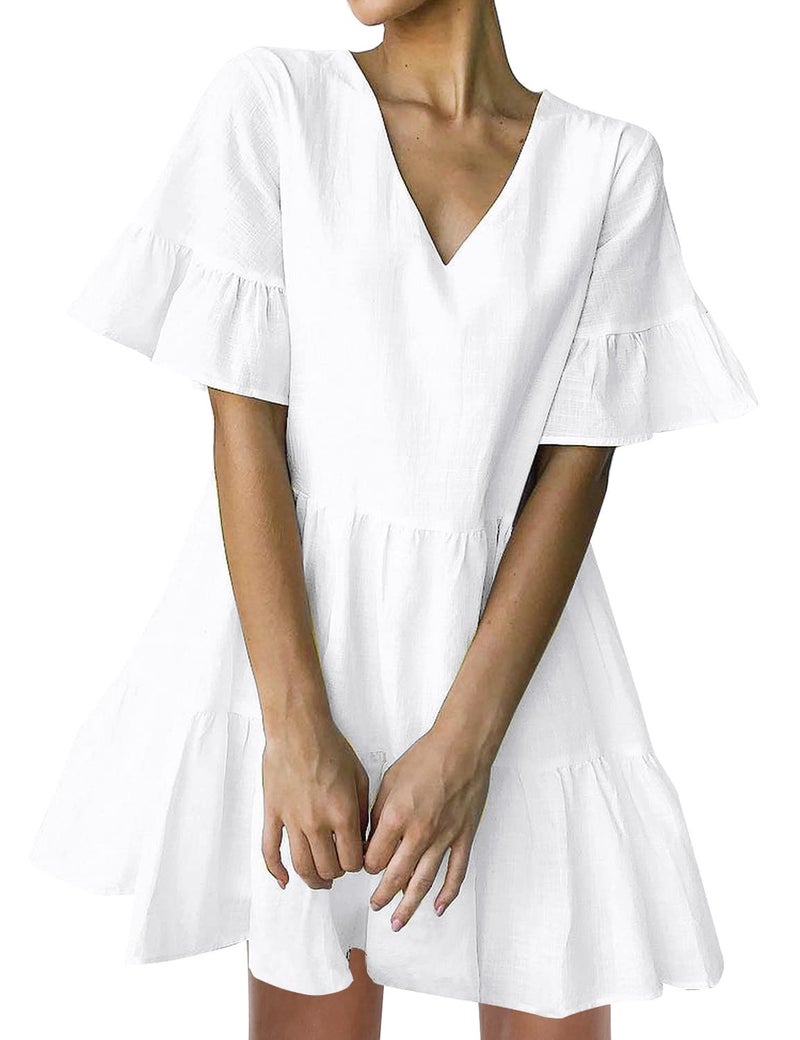 FANCYINN Womens White Cute Shift Dress Short Bell Sleeve Ruffle Hem V Neck Loose Swing Tunic Mini Dress with Pockets S - Image 1